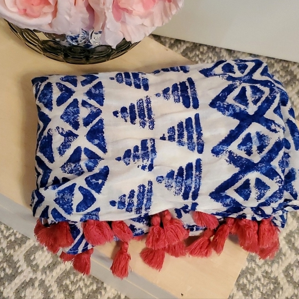 J. Crew Blue and Coral Tassel Infinity Scarf - Picture 6 of 6